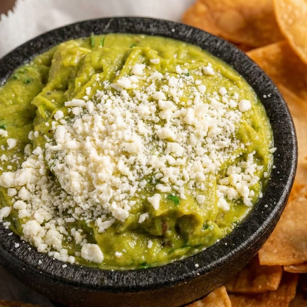 Guacamole topped with crumbled white cheese in a black bowl, surrounded by tortilla chips.