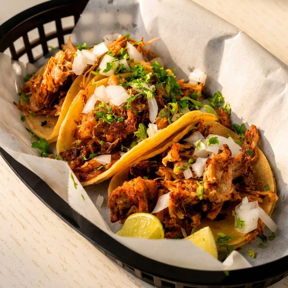 Three carnitas tacos with onions, cilantro, and lime wedges in a black basket on a wooden table.