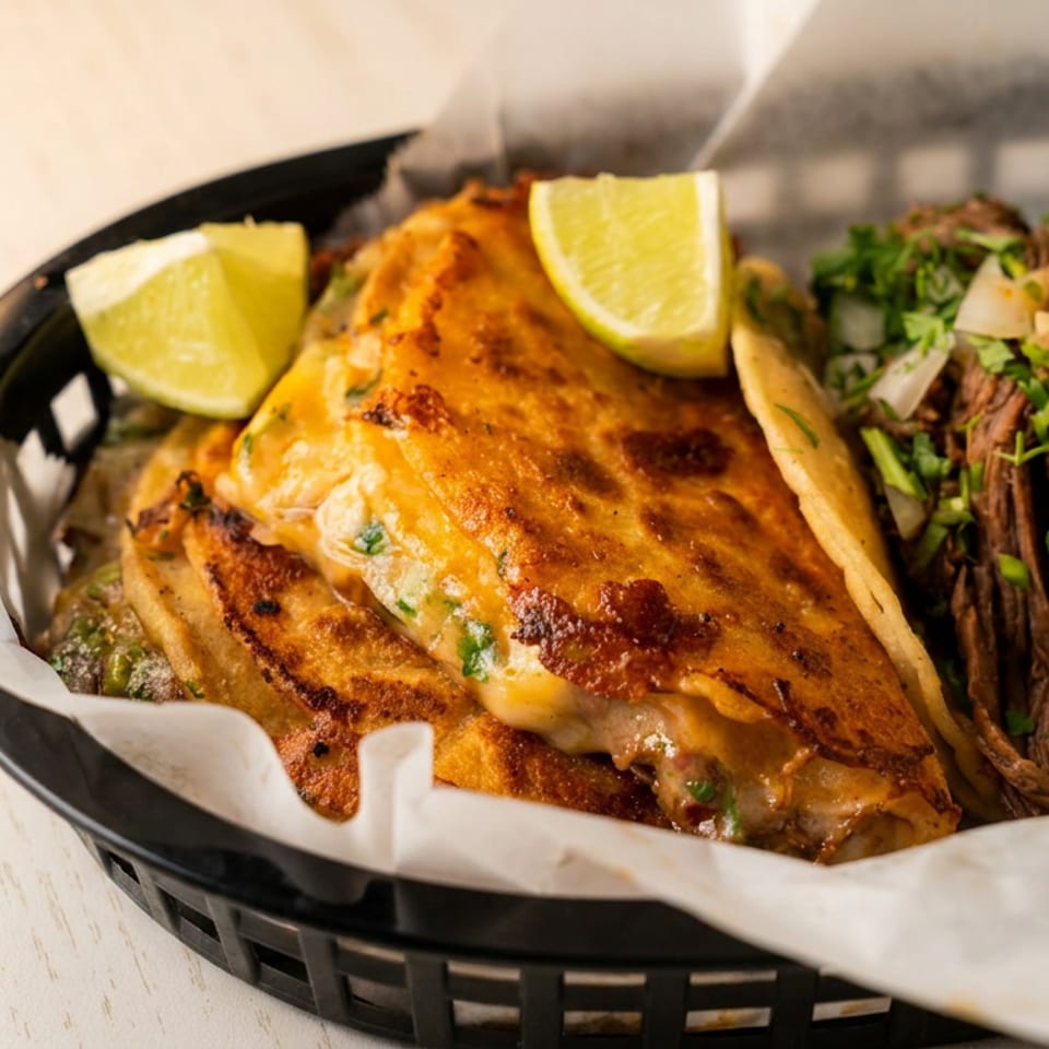 A black basket holds two birria tacos with lime wedges and two street tacos with cilantro and onions.