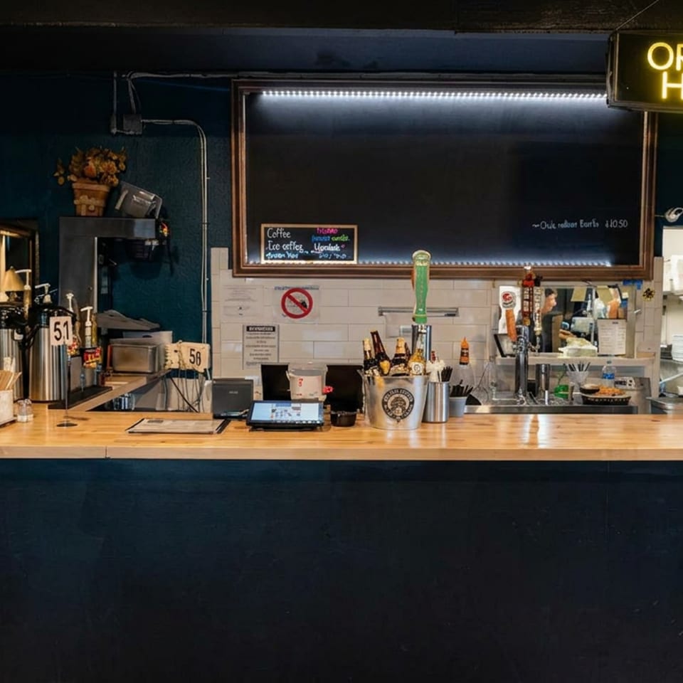 A coffee shop counter with an "ORDER HERE" sign, coffee machines, and a chalkboard menu.