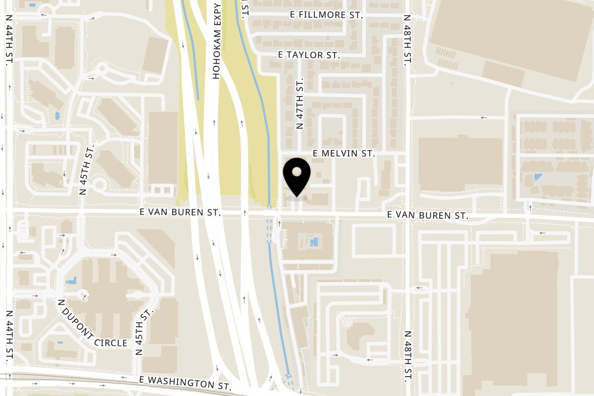 Map showing the location of Paco's Tacos & Sip Phoenix on 4700 E Van Buren St in Phoenix